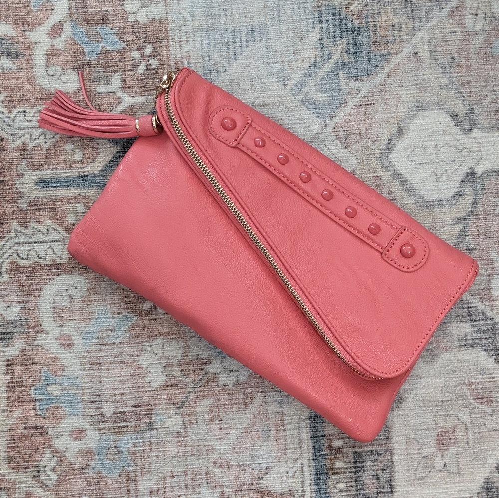 coral clutch/crossbody purse with gold chain